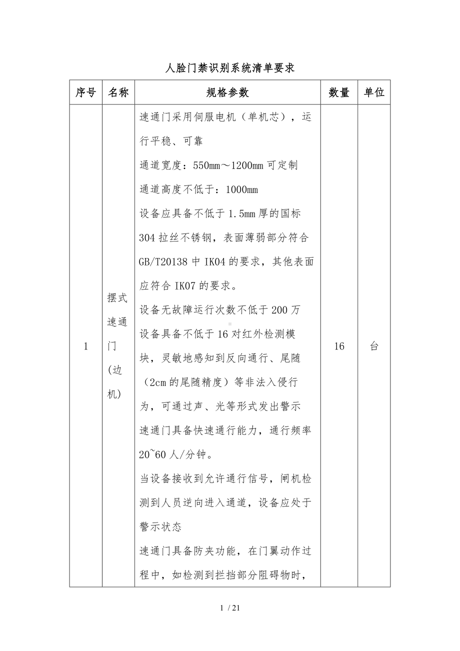 人脸门禁识别系统清单要求参考模板范本.docx_第1页