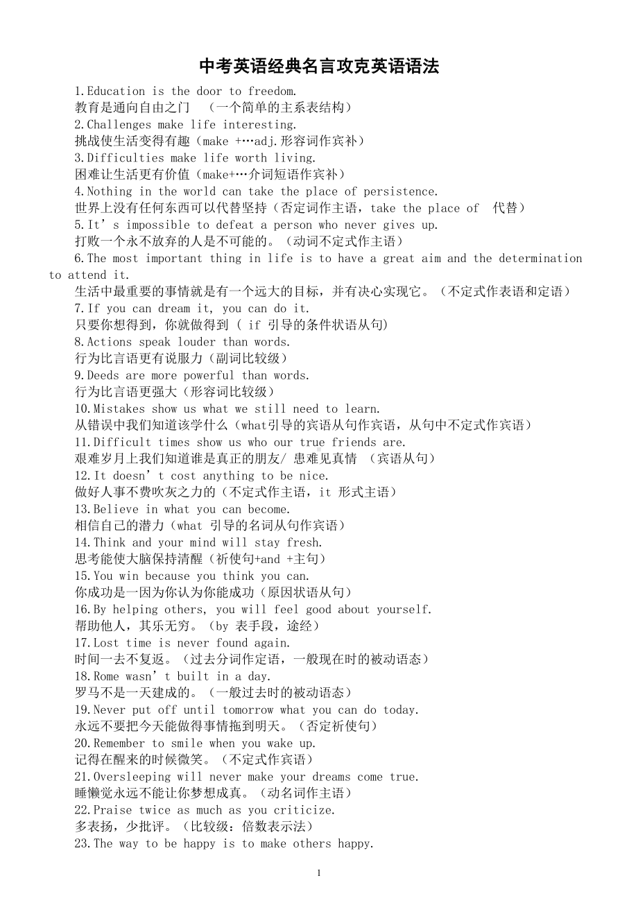 初中英语中考复习经典名言攻克英语语法（100句名言+100个语法）.doc_第1页