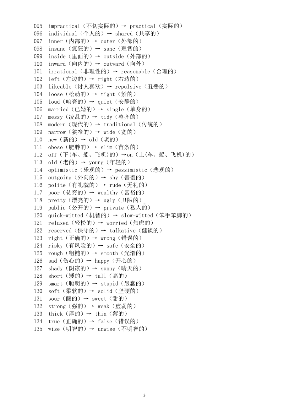 高中英语高考复习形容词及其反义词汇总（共135组）.doc_第3页