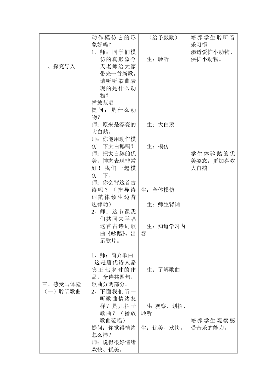 一年级下册音乐教案 第三单元 唱歌 咏鹅｜人教版.doc_第2页