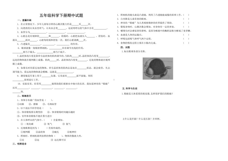 青岛版五年级下册科学期中质量测试题（无答案）.docx_第1页