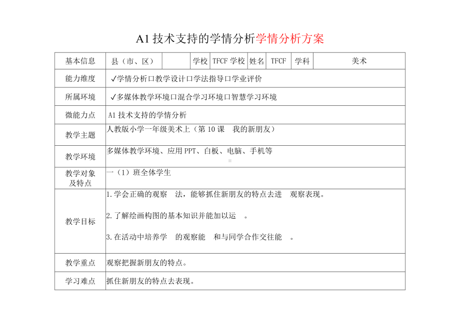 [2.0微能力获奖优秀作品]：小学一年级美术上（第10课　我的新朋友）-A1技术支持的学情分析-学情分析方案+学情分析报告.docx_第2页
