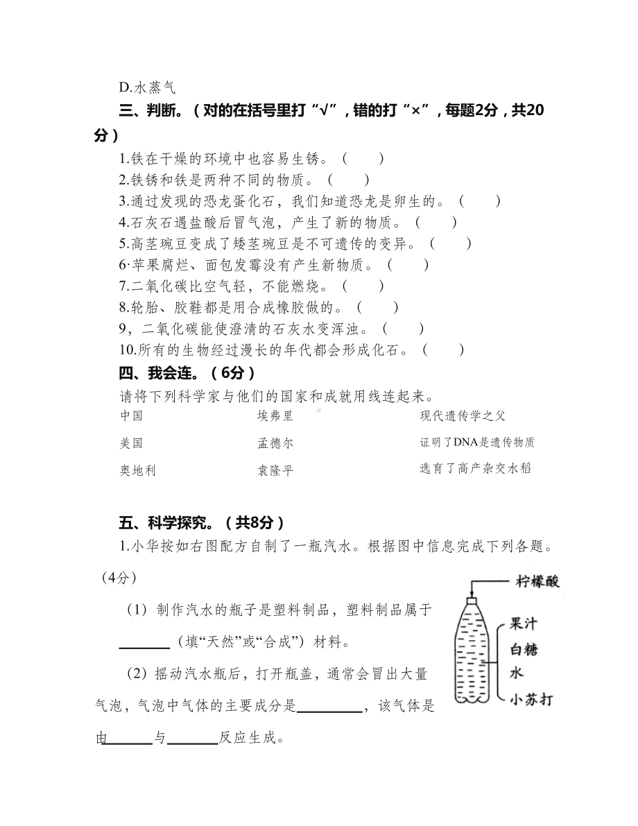 2022新苏教版六年级上册《科学》期中检测卷（试题）.docx_第3页