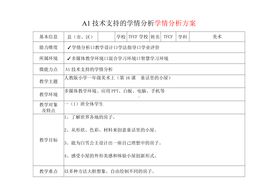 [2.0微能力获奖优秀作品]：小学一年级美术上（第16课　童话里的小屋）-A1技术支持的学情分析-学情分析方案+学情分析报告.pdf_第2页