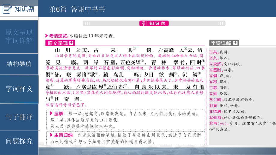 2020年安徽中考语文总复习课件：专题一-文言文阅读-6《答谢中书书》.pptx_第3页