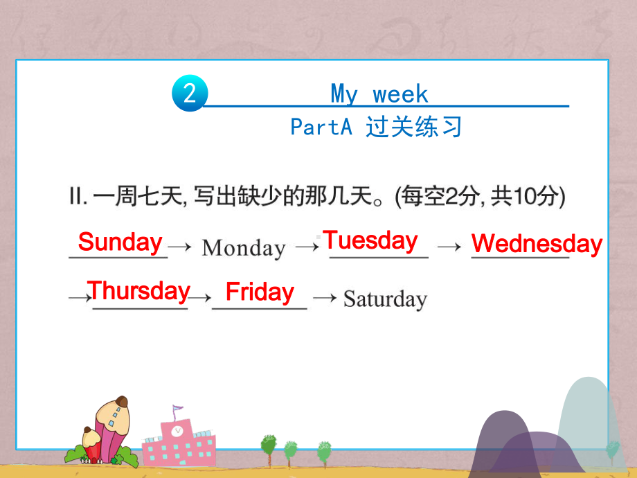 五年级上册英语习题unit2-My-week-PartA-过关练习课件.pptx（纯ppt,不包含音视频素材）_第3页