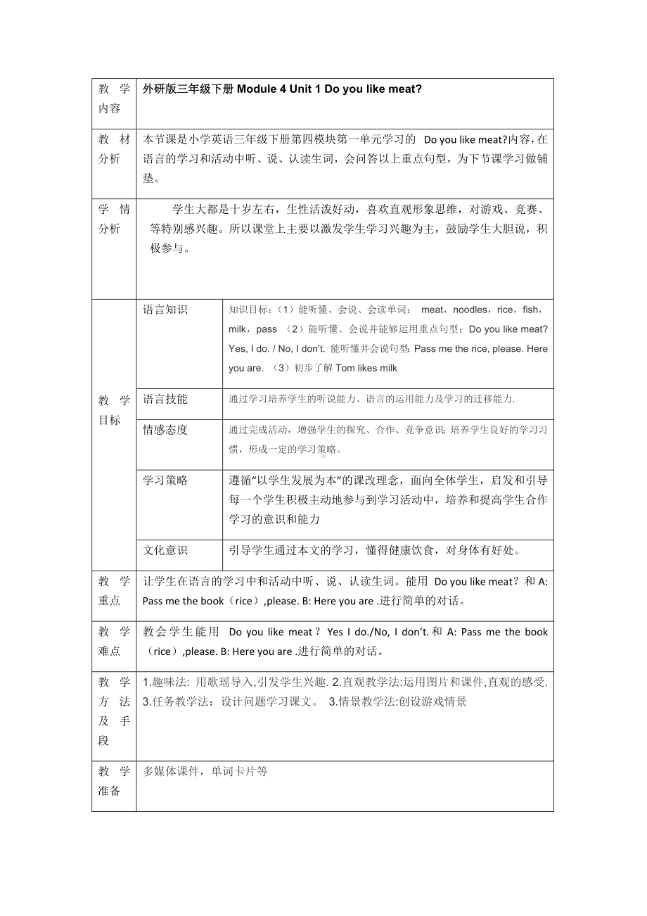 三年级英语下册教案-Module 4 Unit 1 Do you like meat（2）-外研版（三起）.docx_第1页