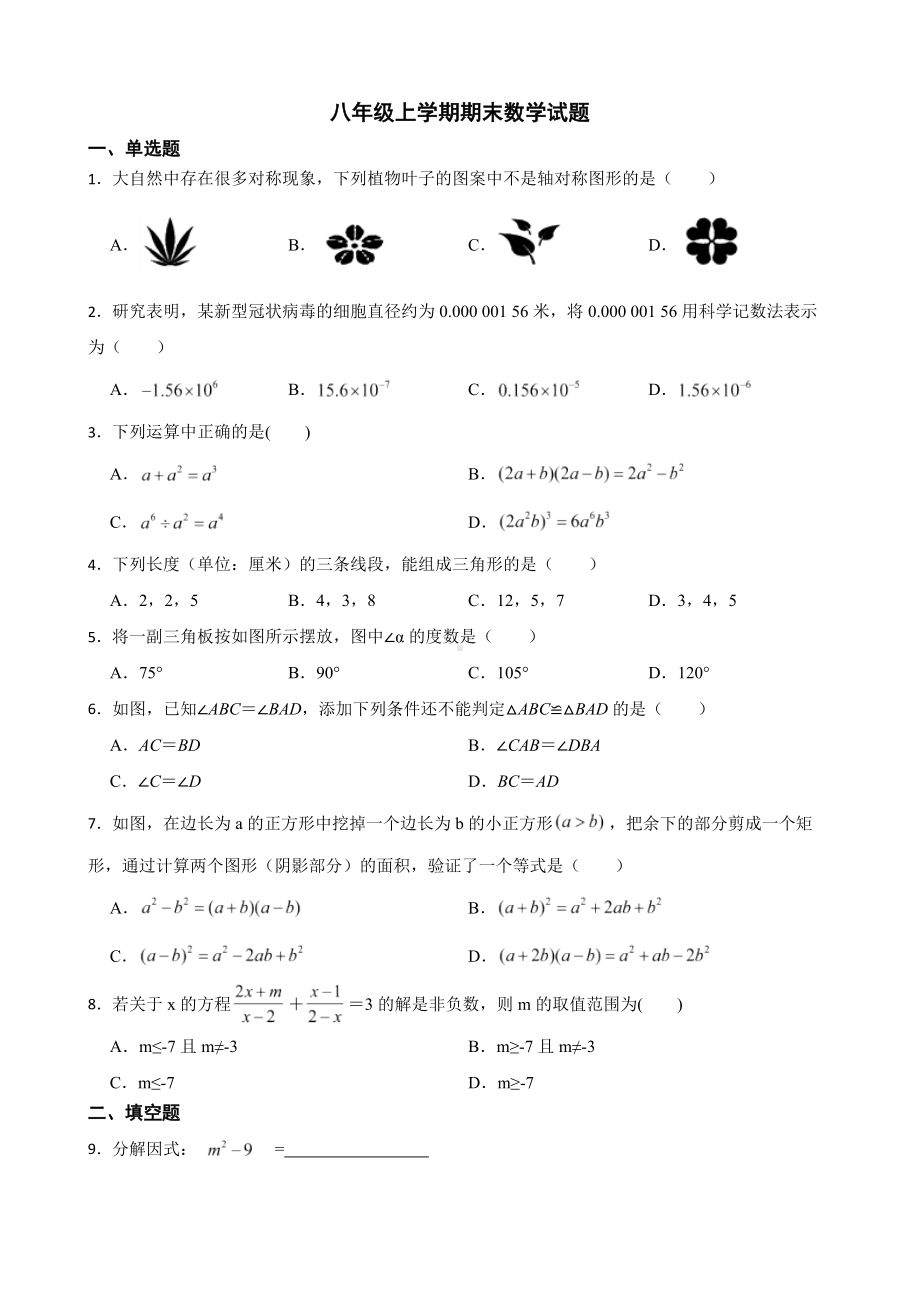 云南省玉溪市峨山彝族自治县2022年八年级上学期期末数学试题及答案.docx_第1页