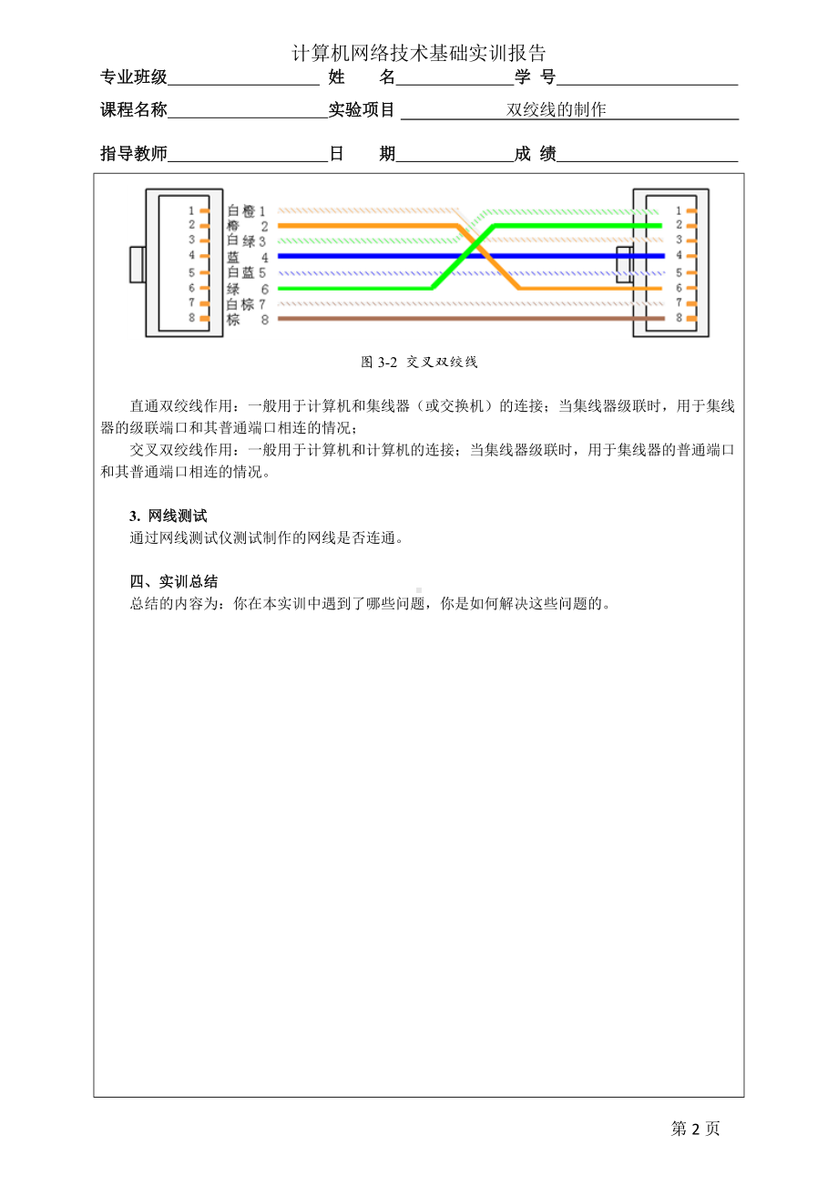 《计算机网络技术基础（实训报告）》项目3实训 双绞线的制作.doc_第2页