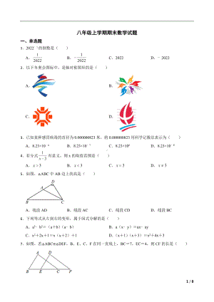 广东省阳江市2022年八年级上学期期末数学试题及答案.docx