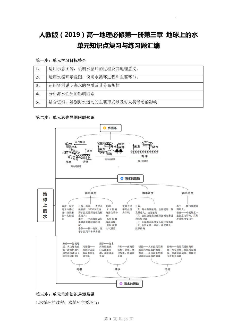 人教版（2019）高一地理必修第一册第三章 地球上的水 单元知识点复习与练习题汇编（含答案解析）.docx_第1页