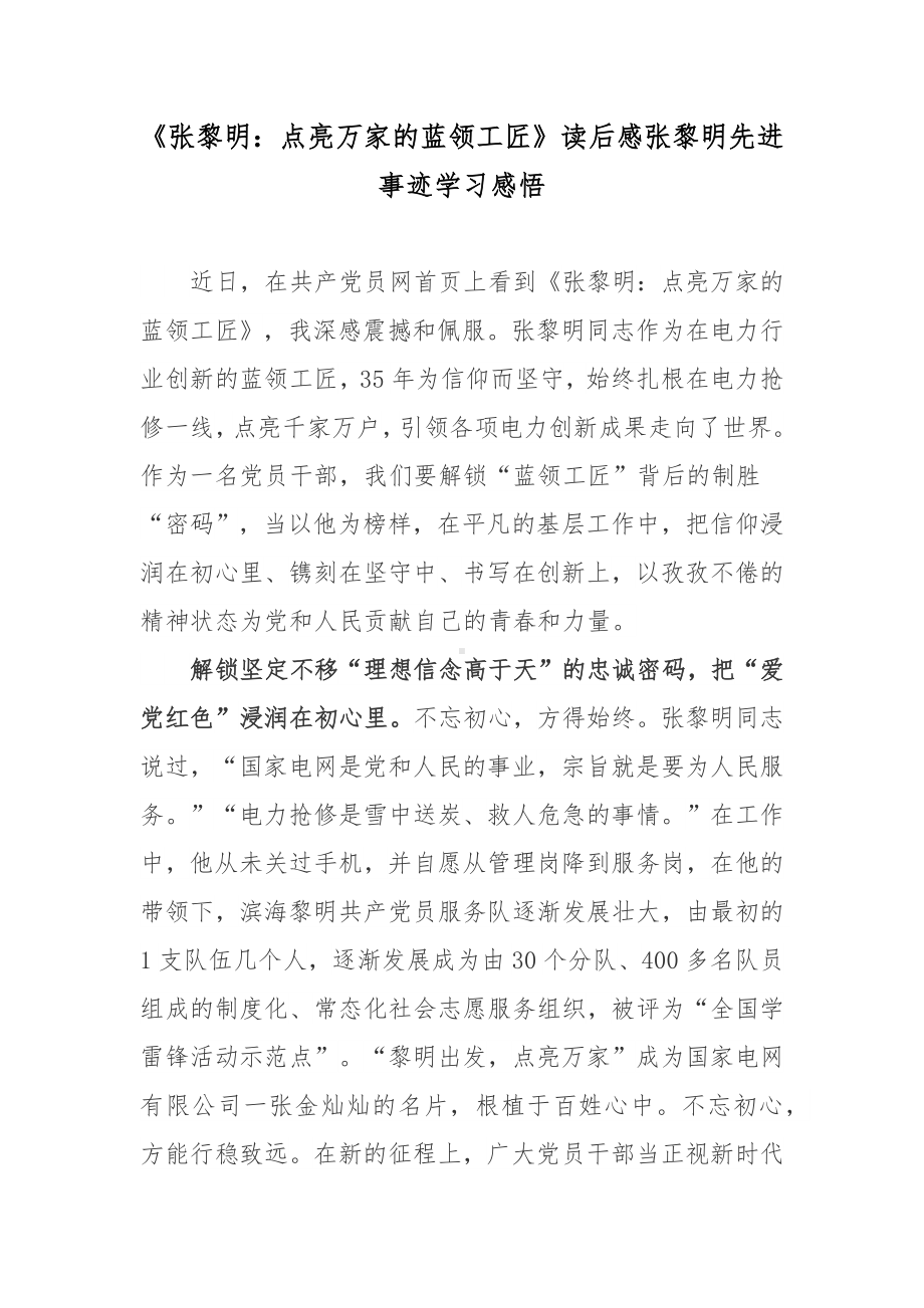 《张黎明：点亮万家的蓝领工匠》读后感张黎明先进事迹学习感悟.docx_第1页