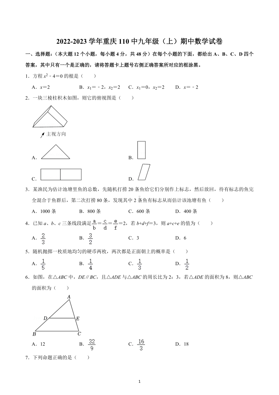 2022-2023学年重庆110 九年级（上）期中数学试卷.docx_第1页