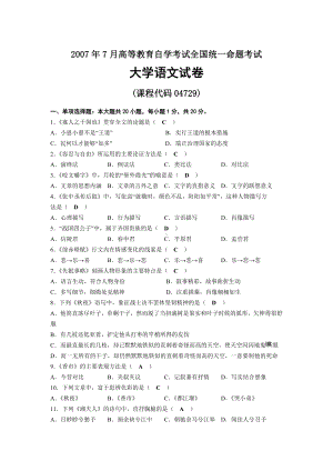 2007年07月自考04729大学语文试题及答案.docx