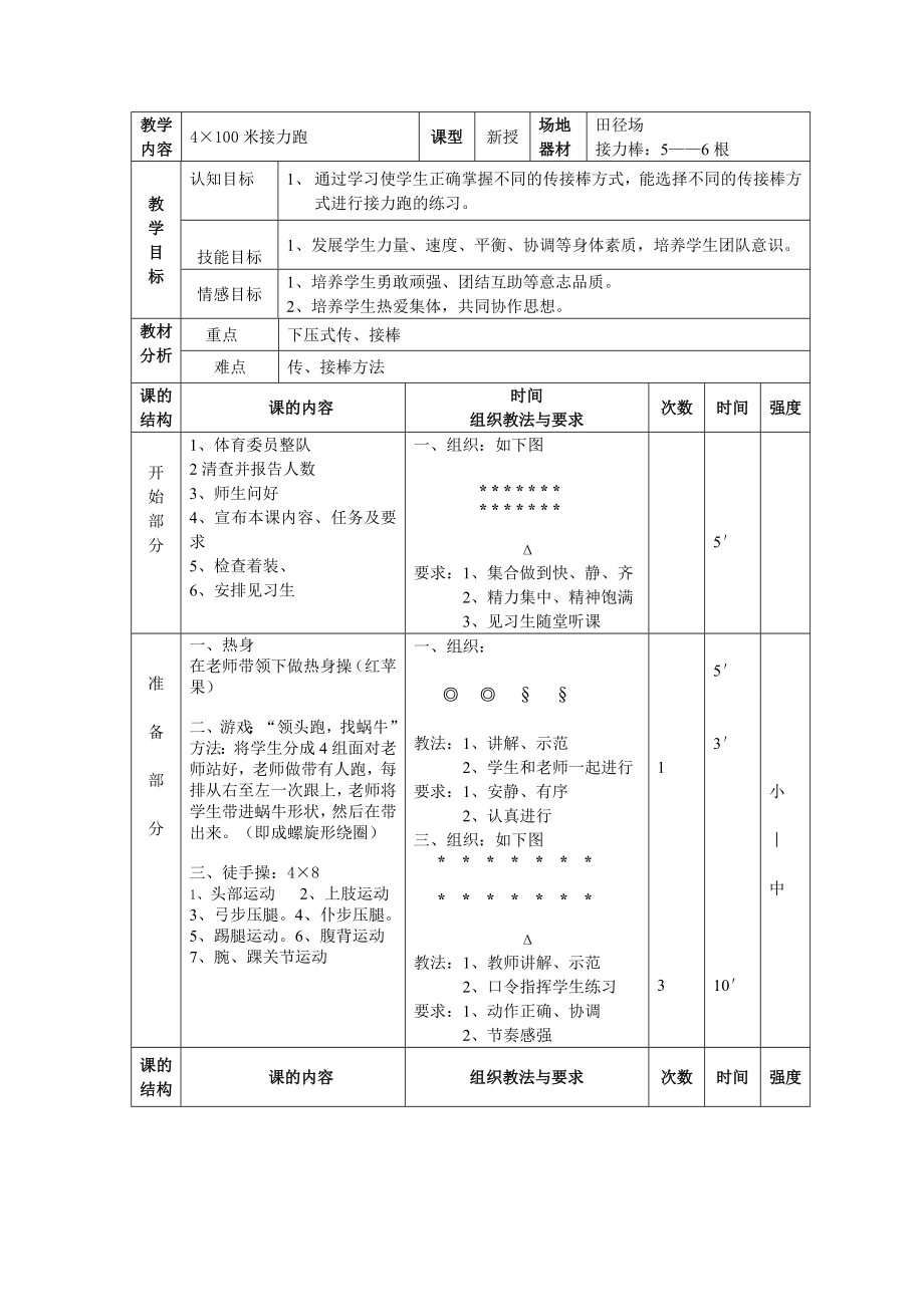 人教版三-四年级体育与健康 4.1.3.2接力跑 4×100米接力跑教案.doc_第1页