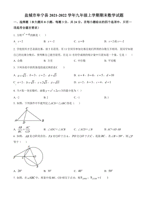 盐城市阜宁县2021-2022九年级初三上学期期末数学试题+答案.docx