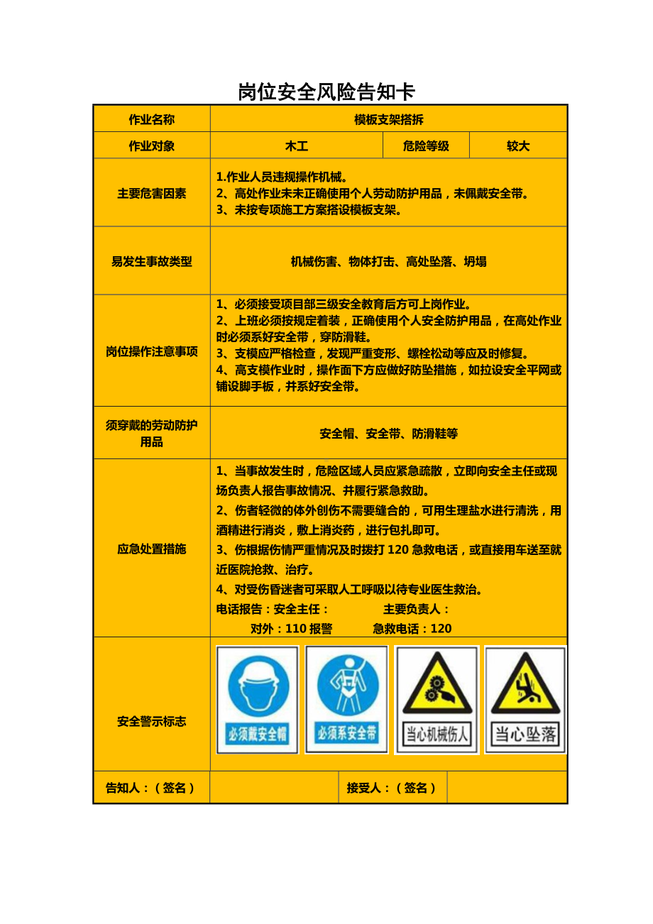 建筑施工企业各岗位安全风险告知卡参考模板范本.docx_第2页