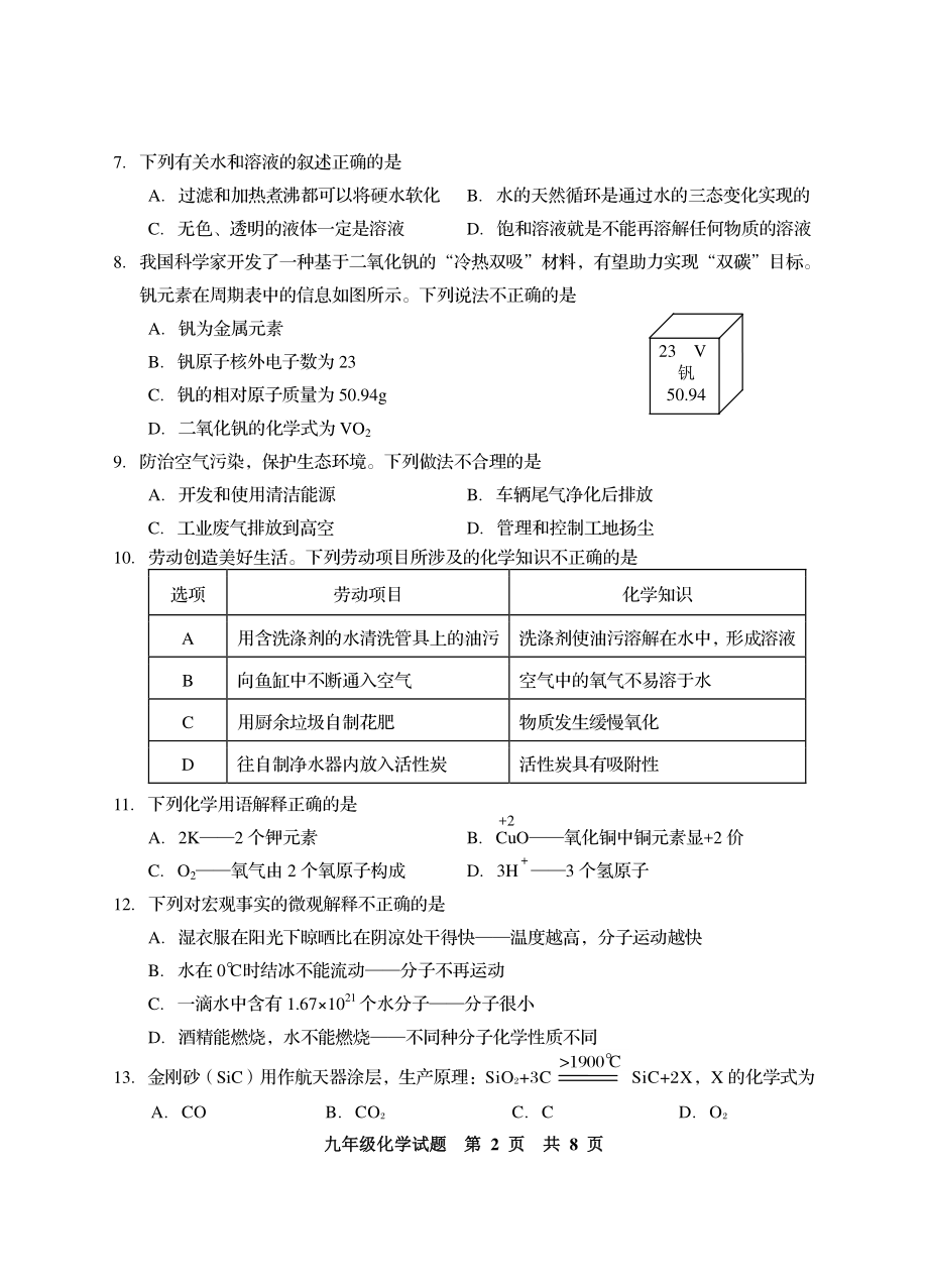 山东省青岛市西海岸新区2022-2023学年九年级上学期期中考试化学试题.pdf_第2页