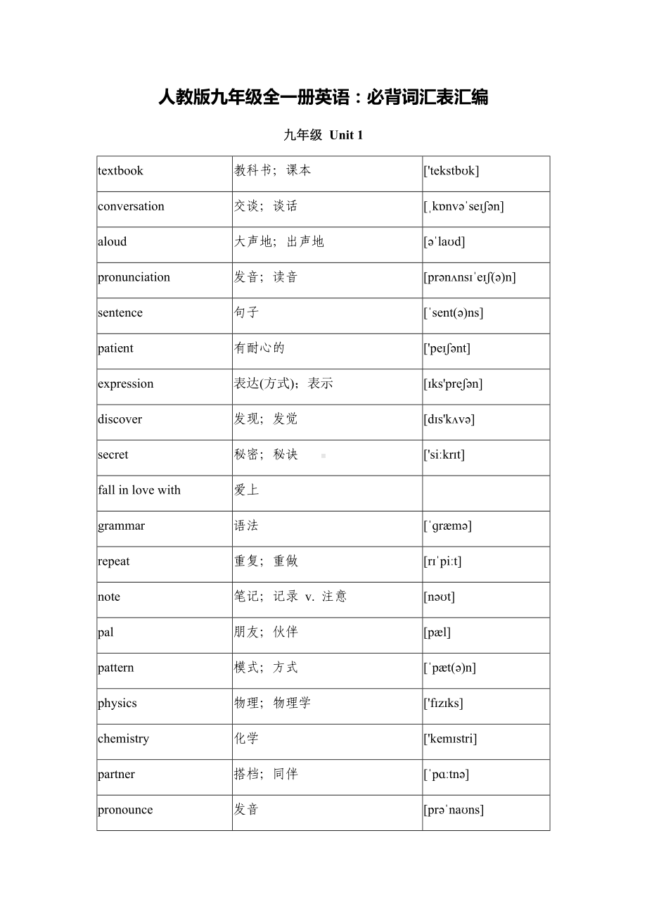 人教版九年级全一册英语：必背词汇表汇编.docx_第1页