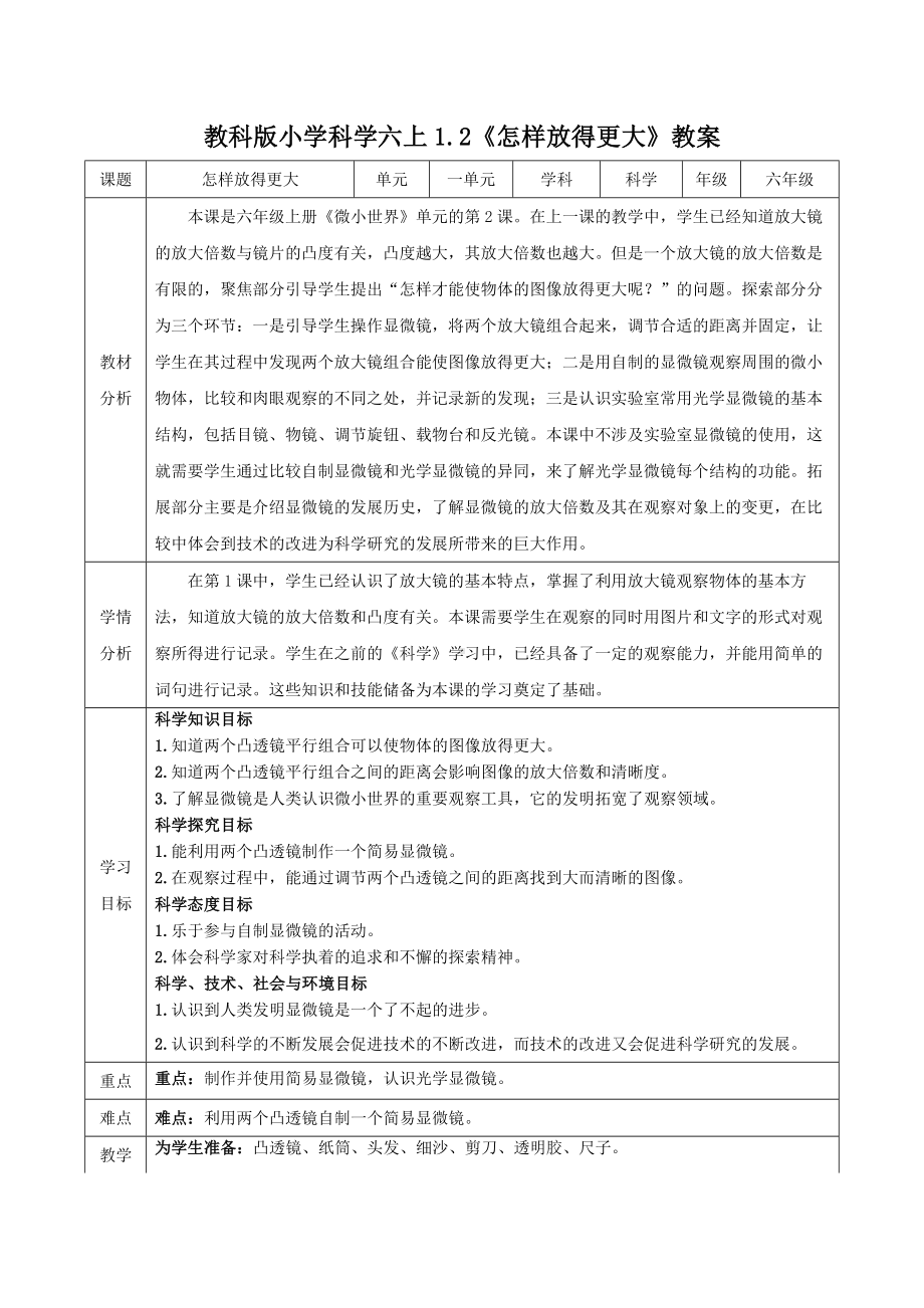 新教科版2022-2023小学科学六年级上册1.2《怎样放得更大》教案（定稿）.docx_第1页