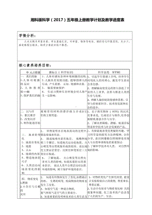 2022新湘教版五年级上册《科学》 教学计划及教学进度表（素材）.docx