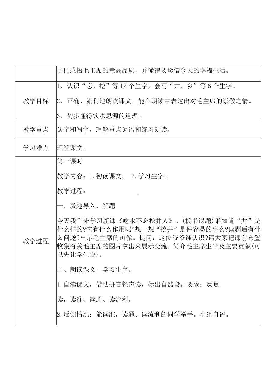 [中小学新教材优秀教案]：小学一年级语文下（课文：1 吃水不忘挖井人）-学情分析+教学过程+教学反思.docx_第3页