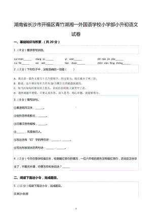 湖南省长沙市开福区青竹湖湘一外国语学校小学部小升初语文试卷.docx