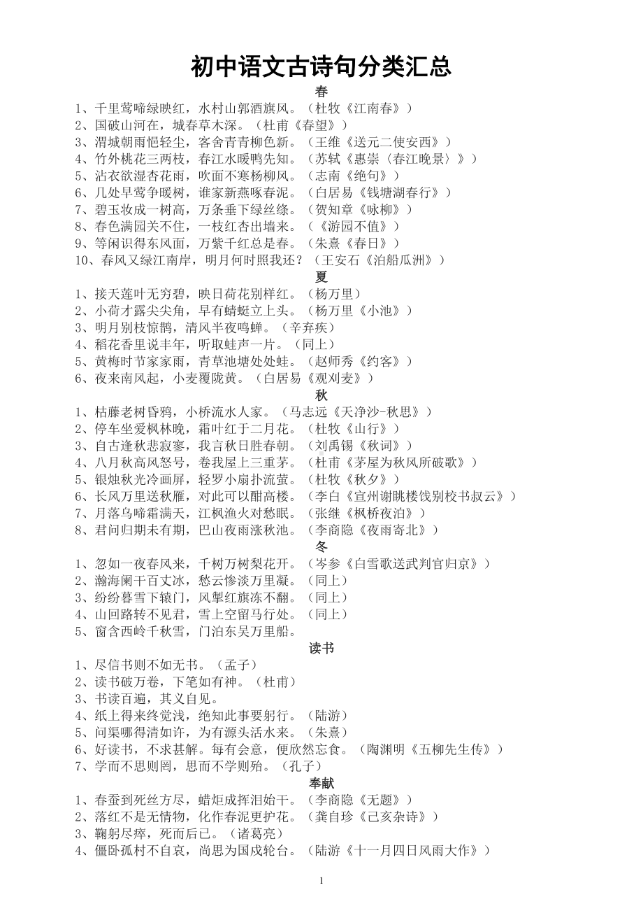 初中语文中考复习古诗句分类汇总（共29个常考内容）.doc_第1页