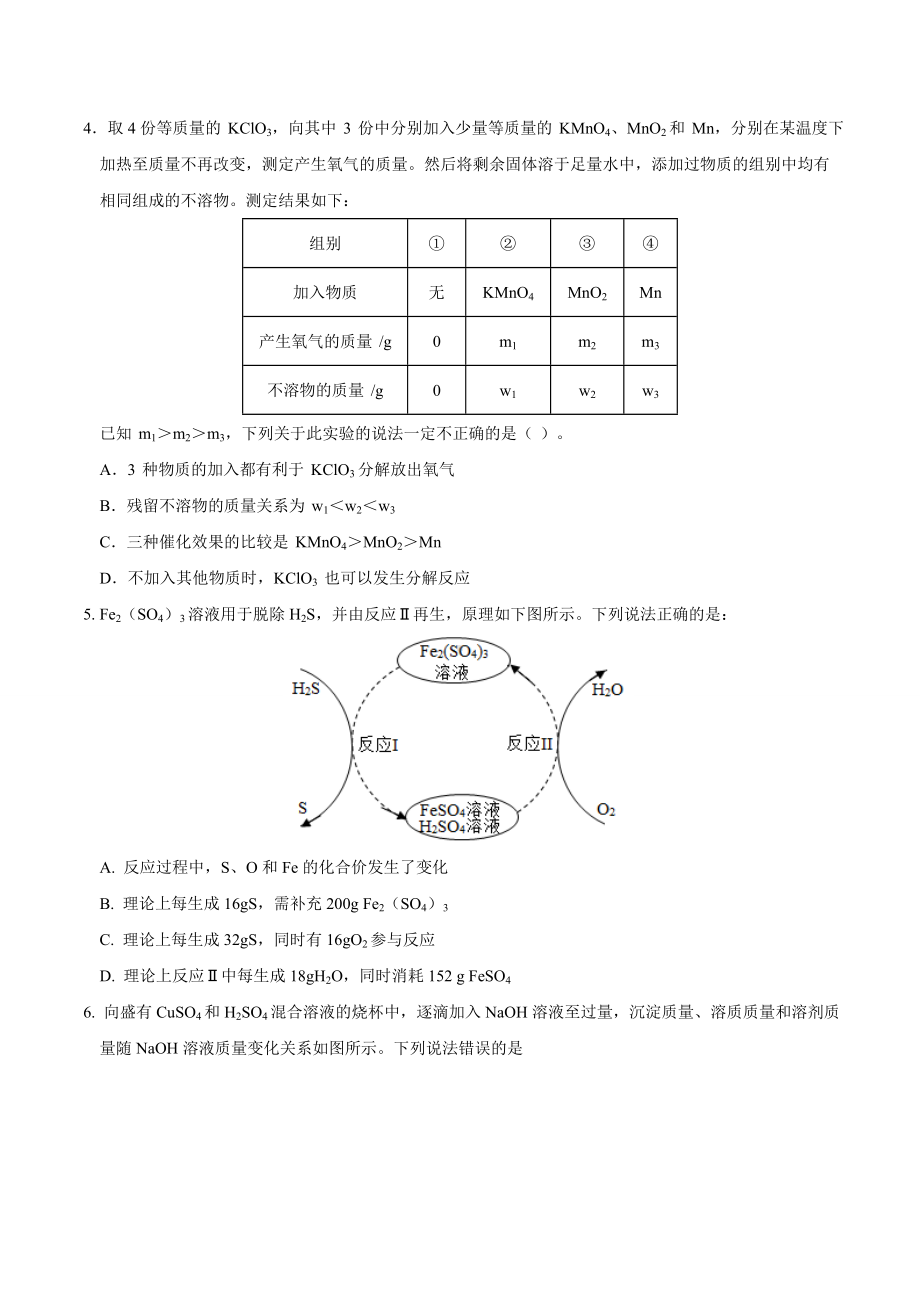 2023重点高中自主招生（实验班）考试 化学 模拟试卷（共10份）（学生版+解析版） .docx_第2页