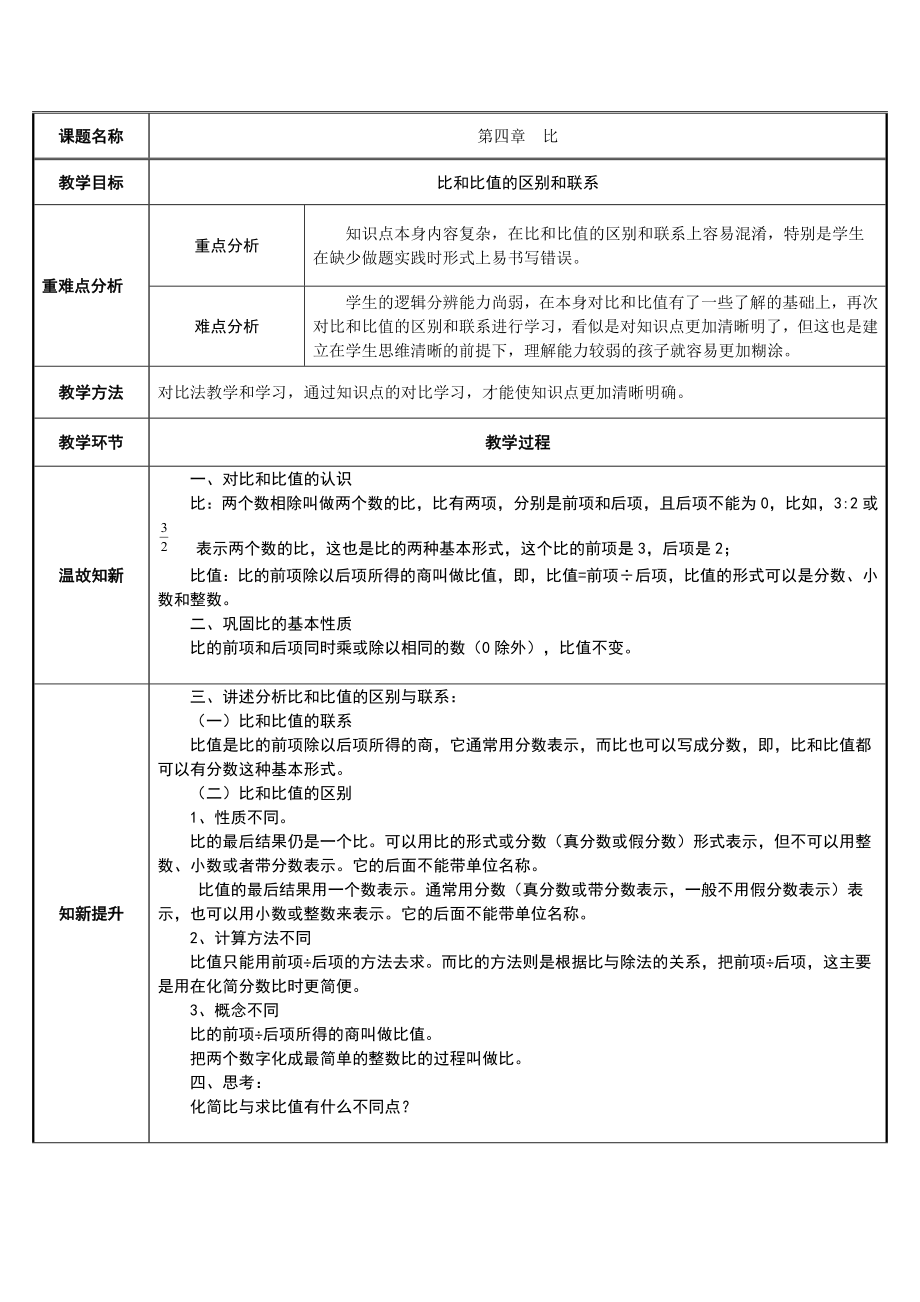 六年级数学上册教案-4. 比和比值的区别和联系26-人教版.docx_第1页