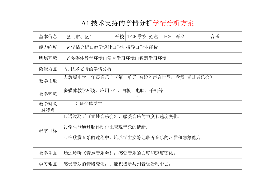 [2.0微能力获奖优秀作品]：小学一年级音乐上（第一单元 有趣的声音世界：欣赏 青蛙音乐会）-A1技术支持的学情分析-学情分析方案+学情分析报告.pdf_第2页