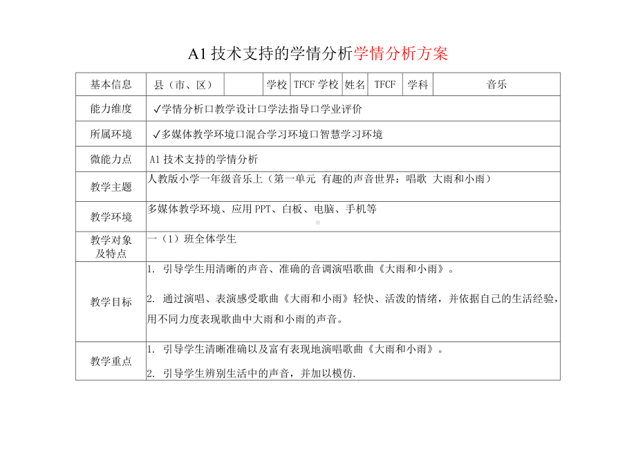 [2.0微能力获奖优秀作品]：小学一年级音乐上（第一单元 有趣的声音世界：唱歌 大雨和小雨）-A1技术支持的学情分析-学情分析方案+学情分析报告.docx_第2页