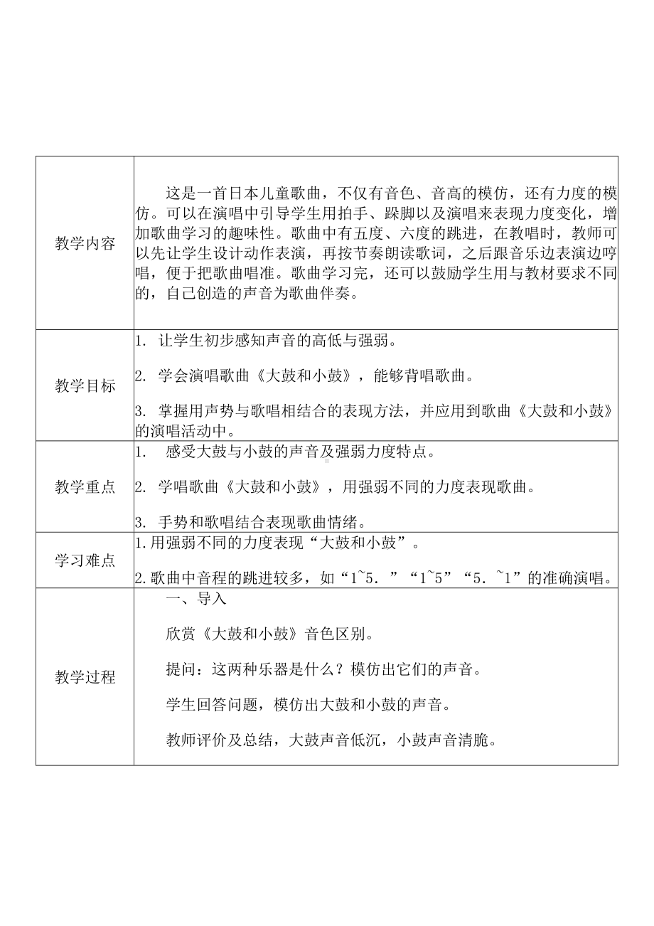 [中小学新教材优秀教案]：小学一年级音乐上（第一单元 有趣的声音世界：唱歌 大鼓和小鼓）-学情分析+教学过程+教学反思.docx_第3页