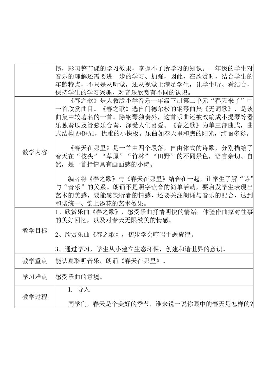 [中小学新教材优秀教案]：小学一年级音乐下（第二单元 春天来了：欣赏 春之歌）-学情分析+教学过程+教学反思.pdf_第3页