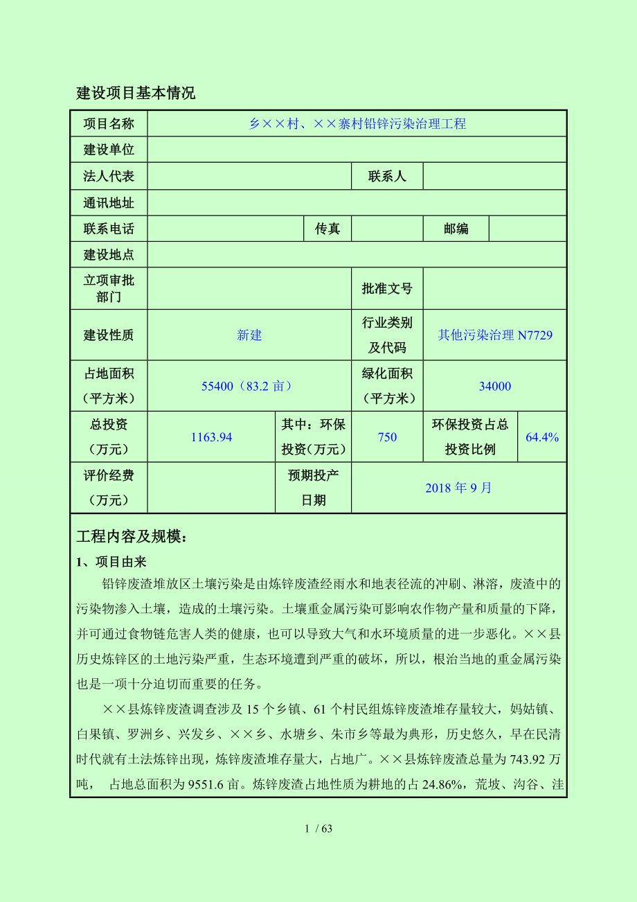 寨村铅锌污染治理工程建设项目环境影响报告表参考模板范本.doc_第1页