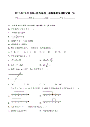 2022-2023学年北师大版八年级上册数学期末模拟试卷 (3).docx