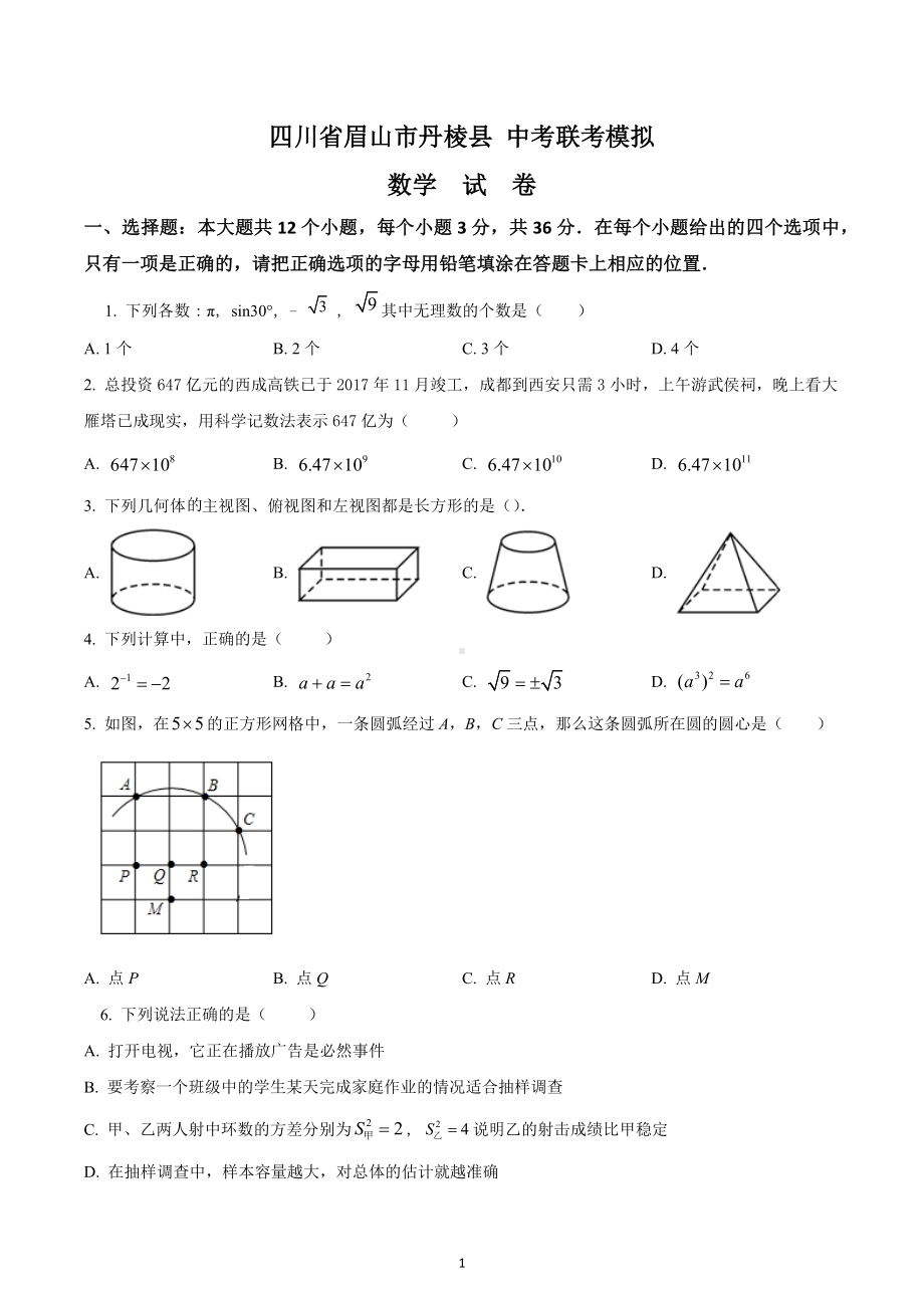 四川省眉山市丹棱县 九年级中考联考模拟数学试题.docx_第1页