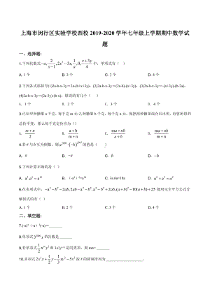 上海市闵行区实验学校西校七年级初一上学期数学期中试卷+答案.pdf