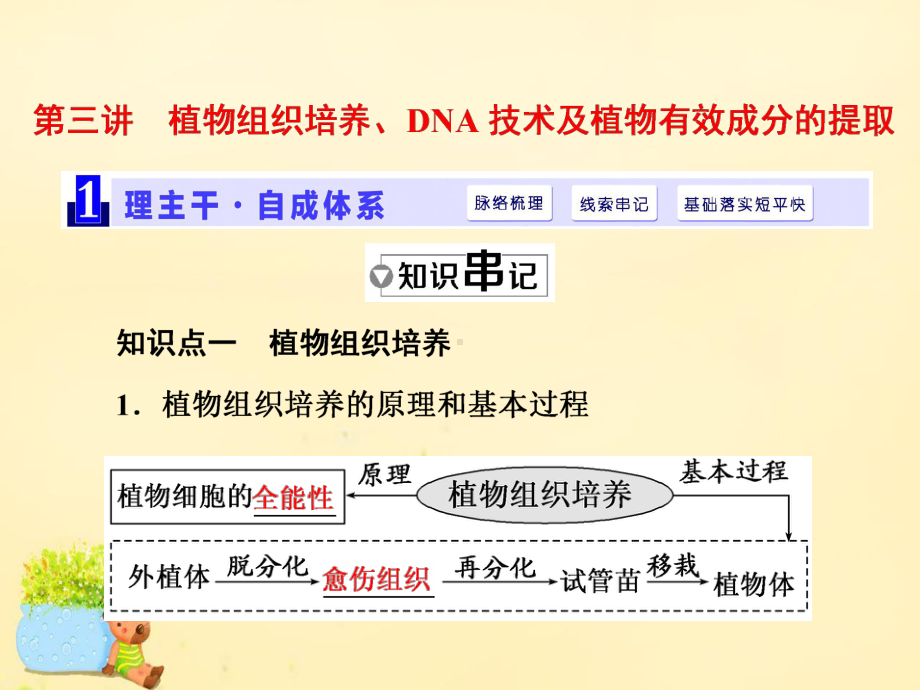 （三维设计）2017届高三生物一轮复习 生物技术实践 第三讲 植物组织培养、DNA技术及植物有效成分的提取课件（选修1）.ppt_第1页