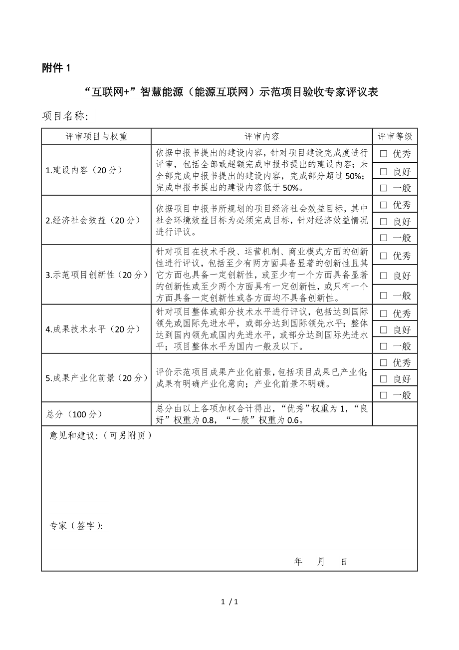 “互联网+”智慧能源（能源互联网）示范项目验收专家评议表参考模板范本.doc_第1页