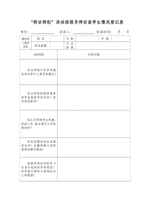 “两访两创”活动班级导师访谈学生情况登记表参考模板范本.doc