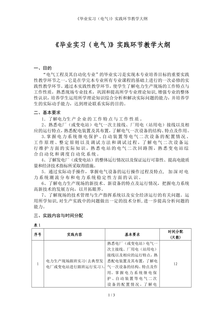 《毕业实习（电气）》实践环节教学大纲参考模板范本.doc_第1页