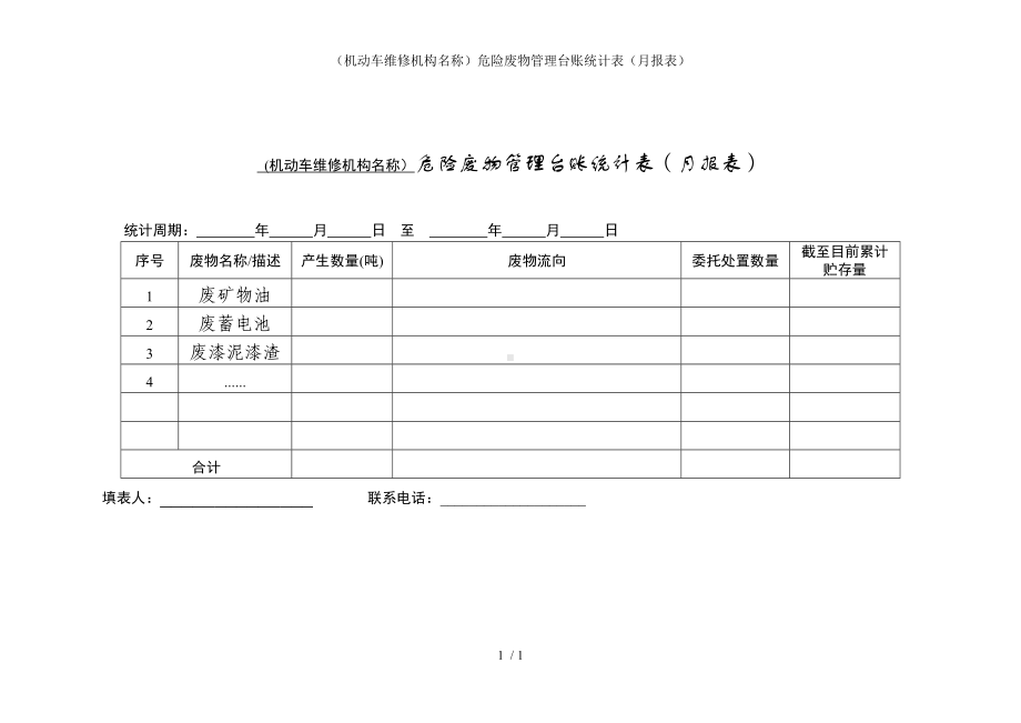 （机动车维修机构名称）危险废物管理台账统计表（月报表）参考模板范本.doc_第1页