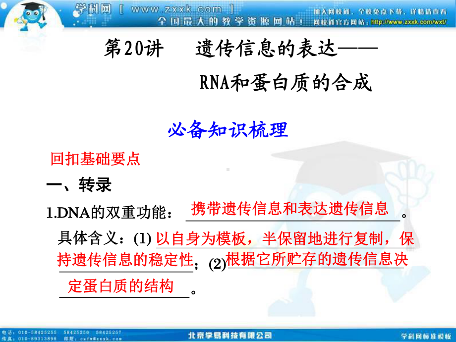 2011高三生物一轮复习课件：第20讲遗传信息的表达—RNA和蛋白质的合成.ppt_第1页