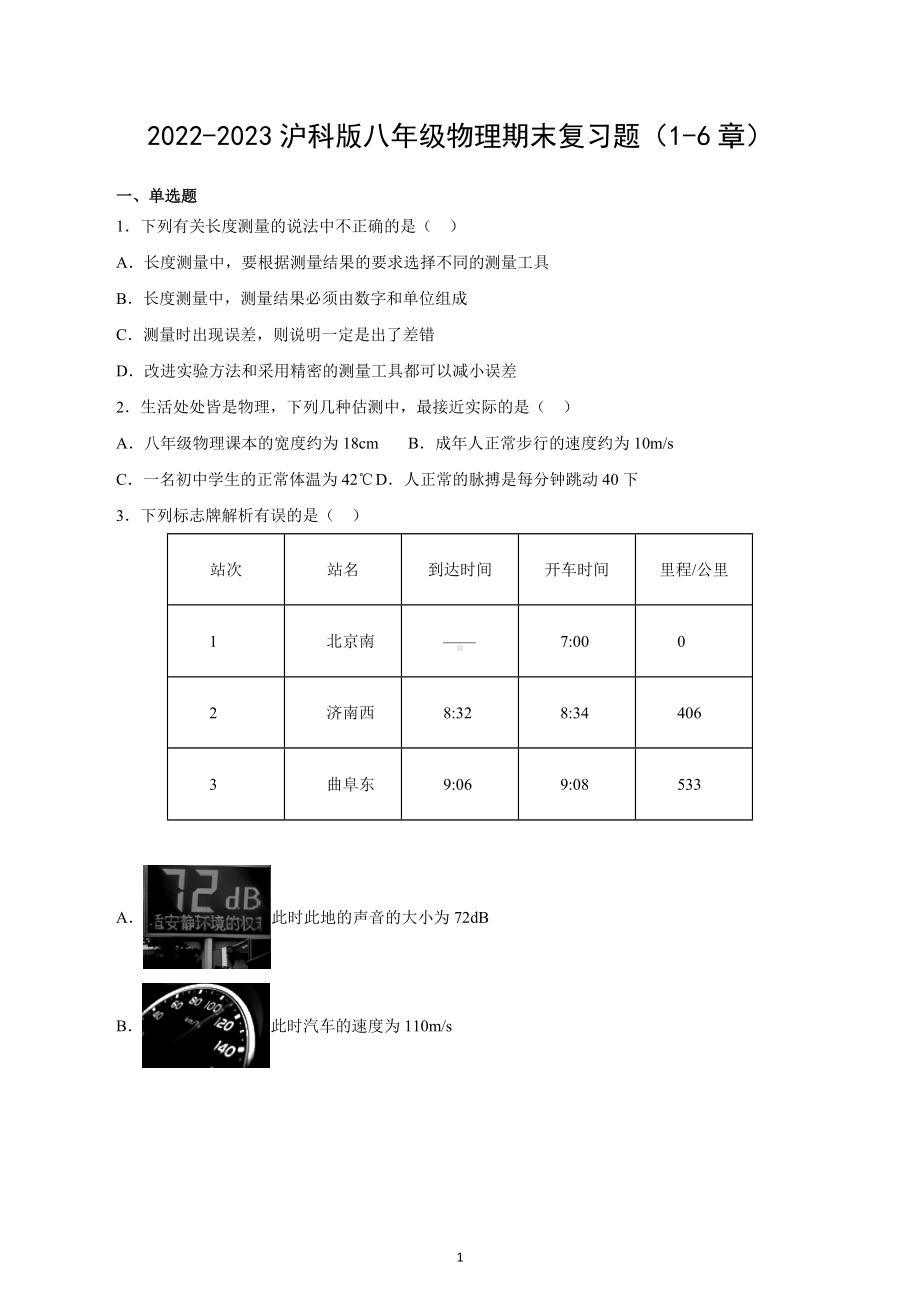 2022-2023学年沪科版八年级物理上学期期末复习题（1-6章）.docx_第1页