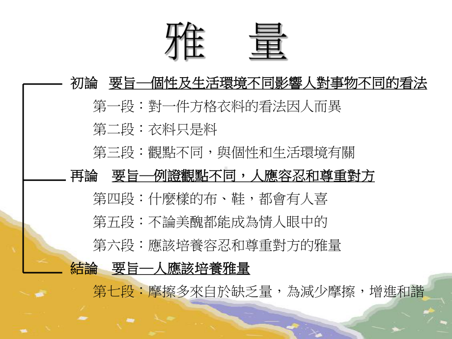 主旨~人应努力培养雅量何谓雅量会设身处地为别人著想会另具眼课件.ppt_第2页