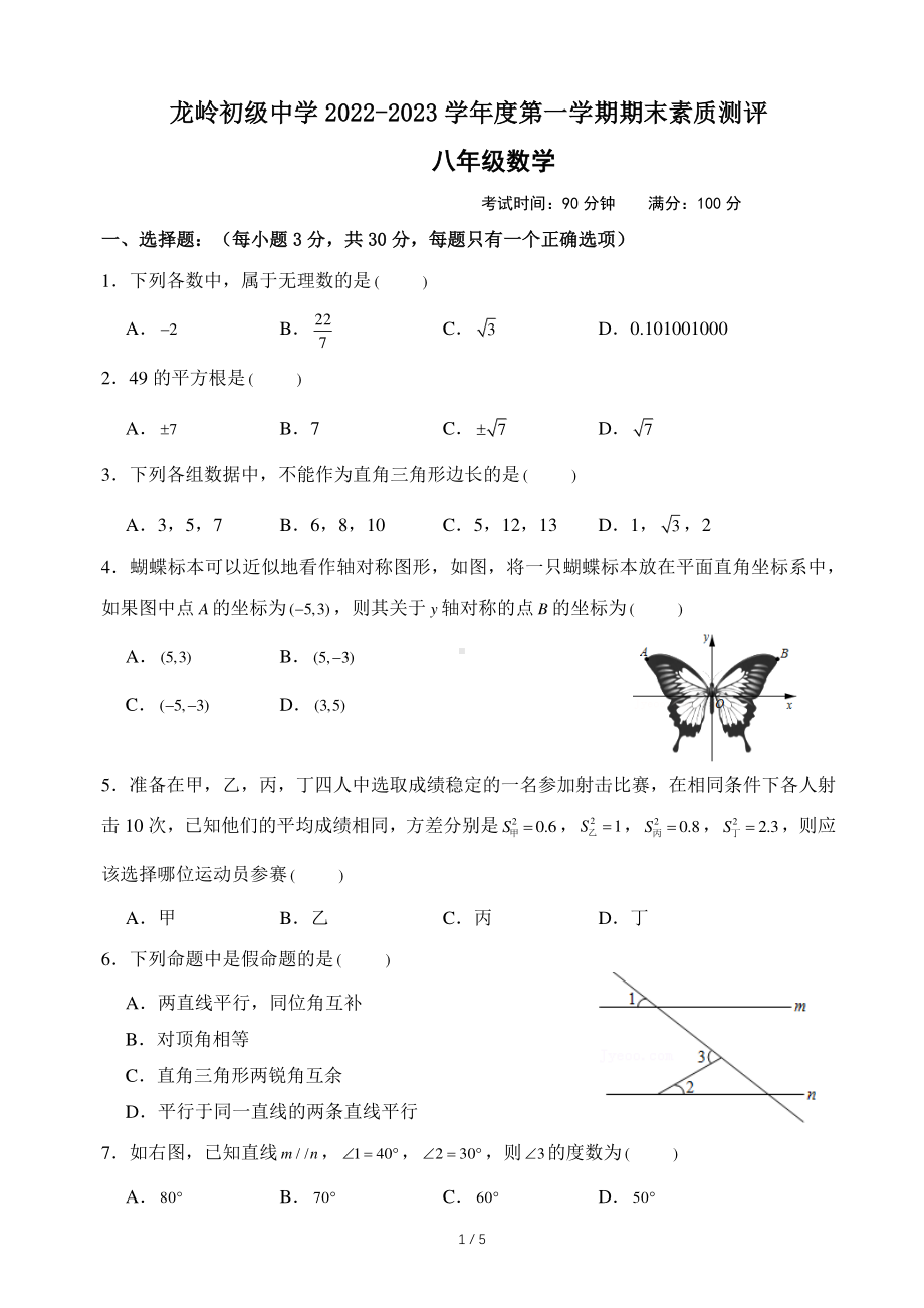 广东省深圳市龙岗区龙岭初级中学2022-2023学年上学期八年级期末考试数学试卷.pdf_第1页