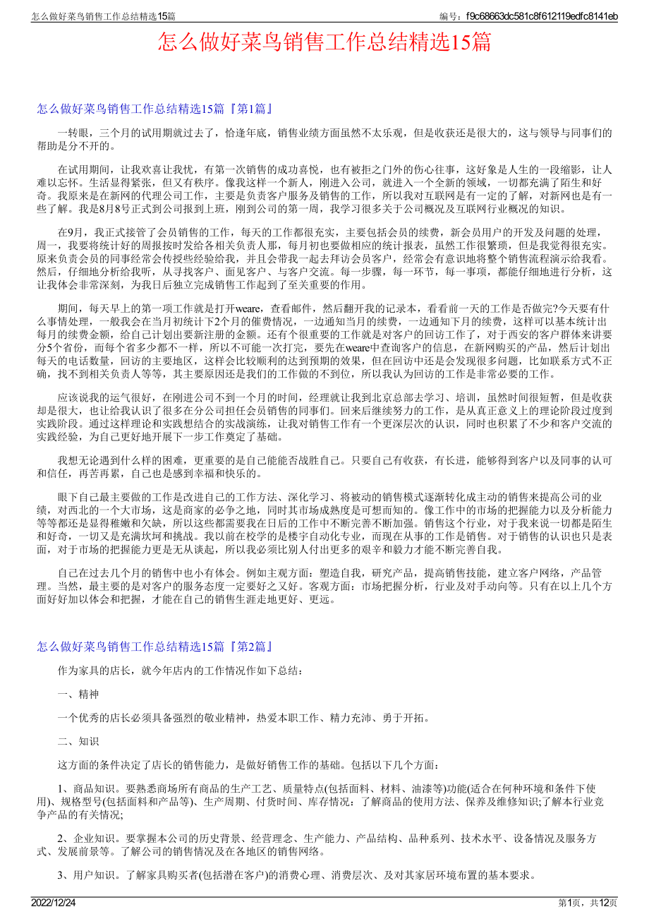 怎么做好菜鸟销售工作总结精选15篇.pdf_第1页