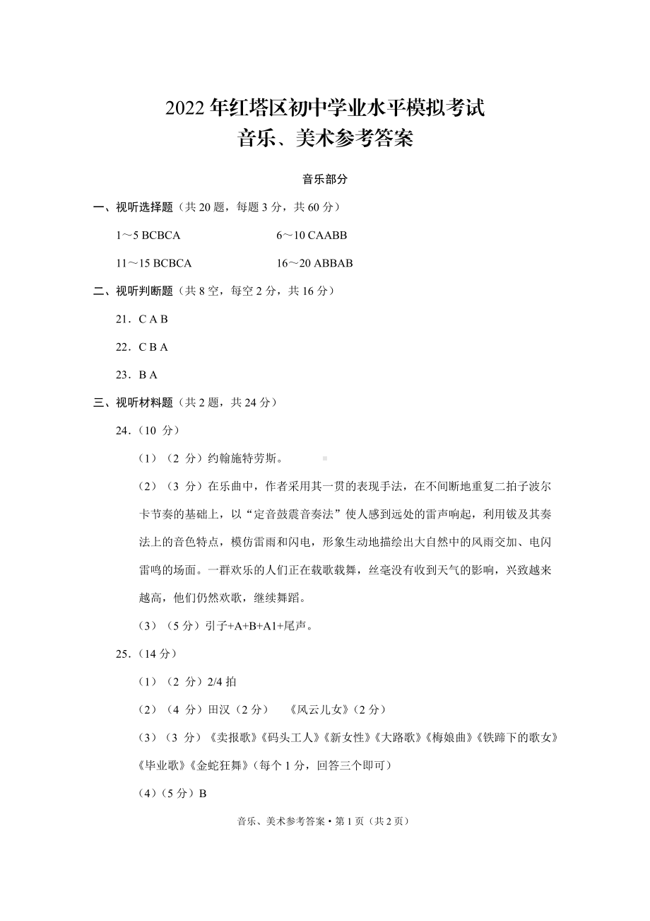 2022年红塔区初中学业水平模拟考试音乐美术-答案.pdf_第1页