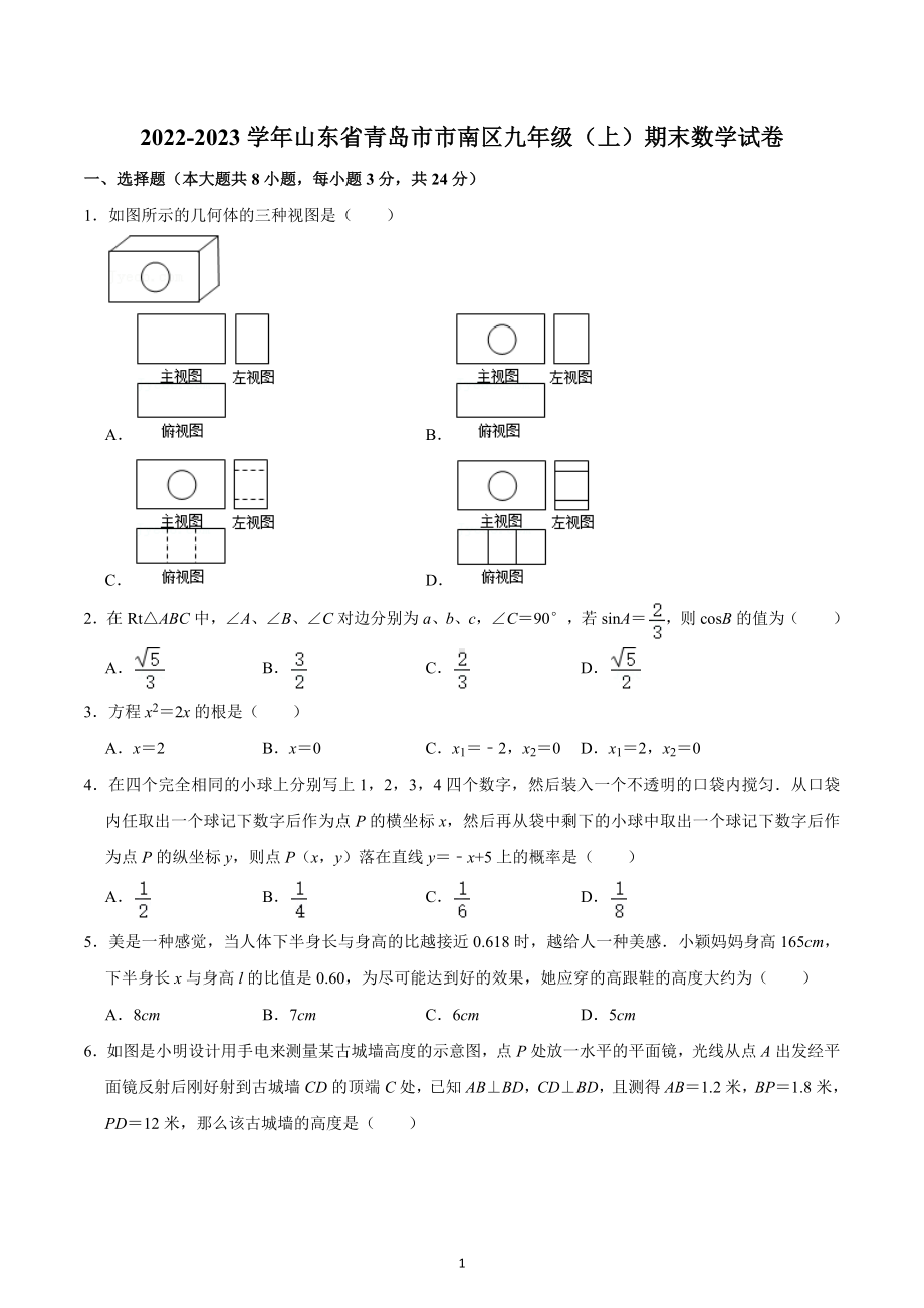 2022-2023学年山东省青岛市市南区九年级（上）期末数学试卷.docx_第1页